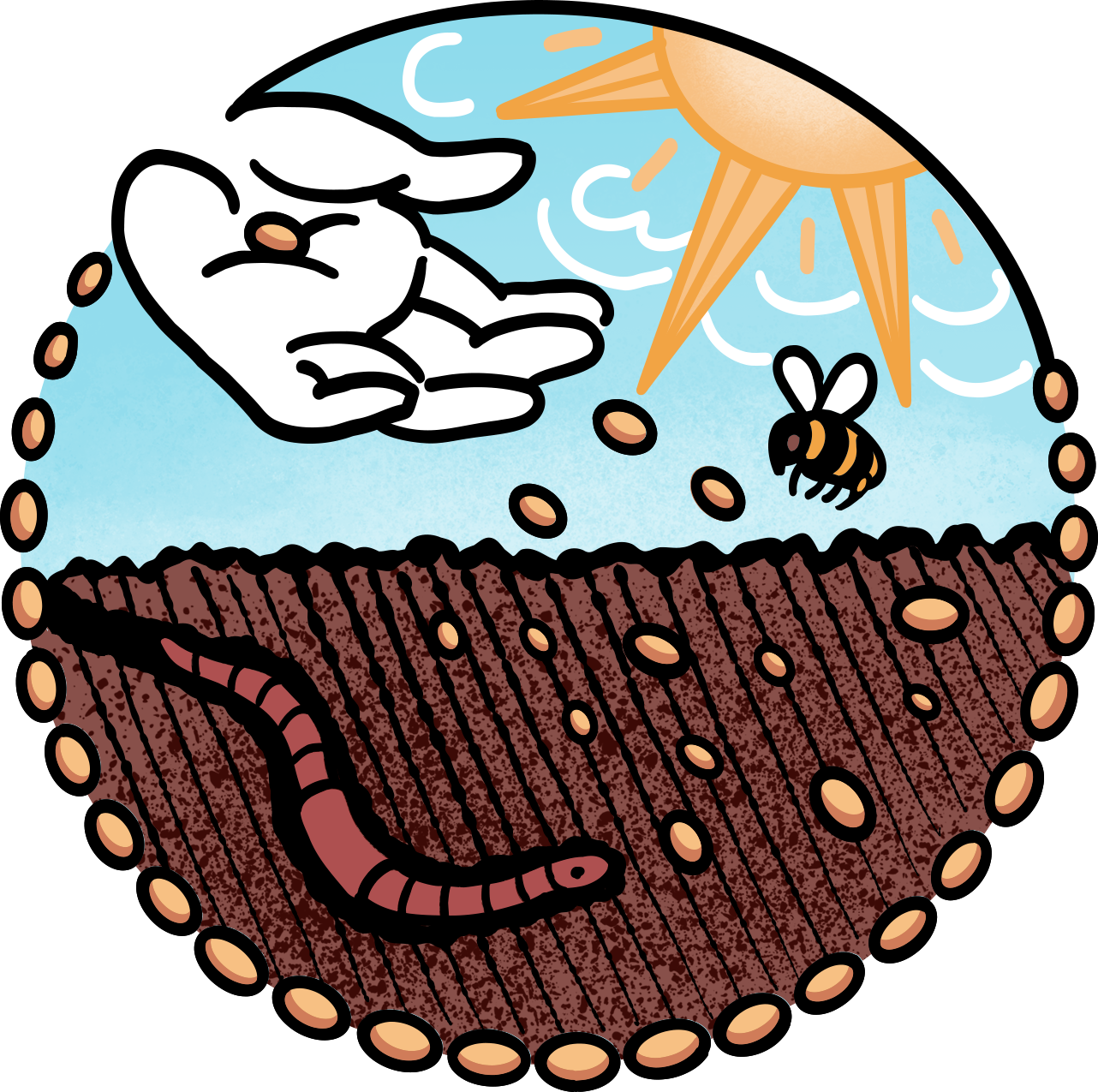 Illustration of a hand planting wheat seeds, sun, bee, and worm in soil with a blue sky.