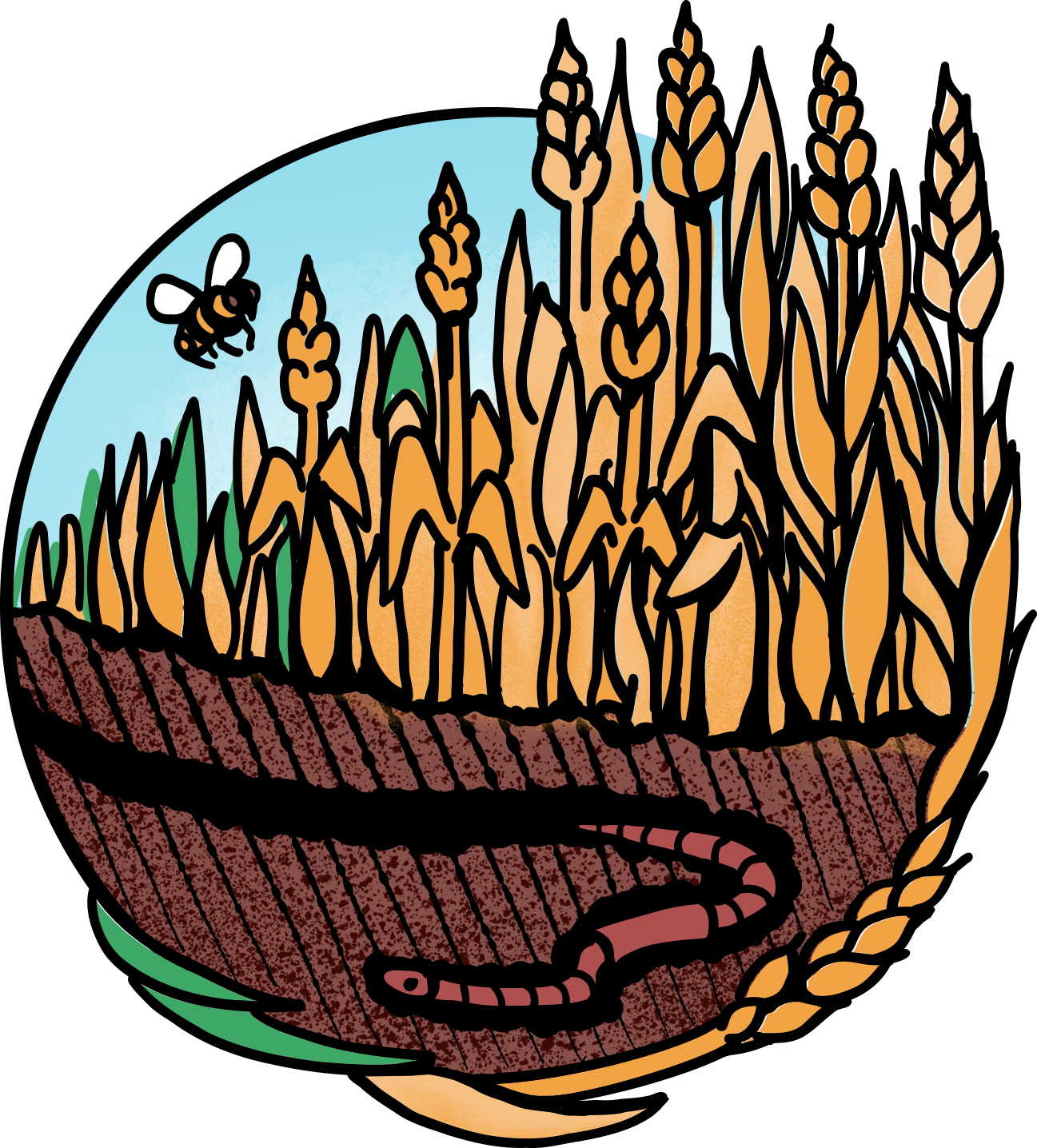 Illustration of a circular design with wheat, a bee, and soil with a worm.