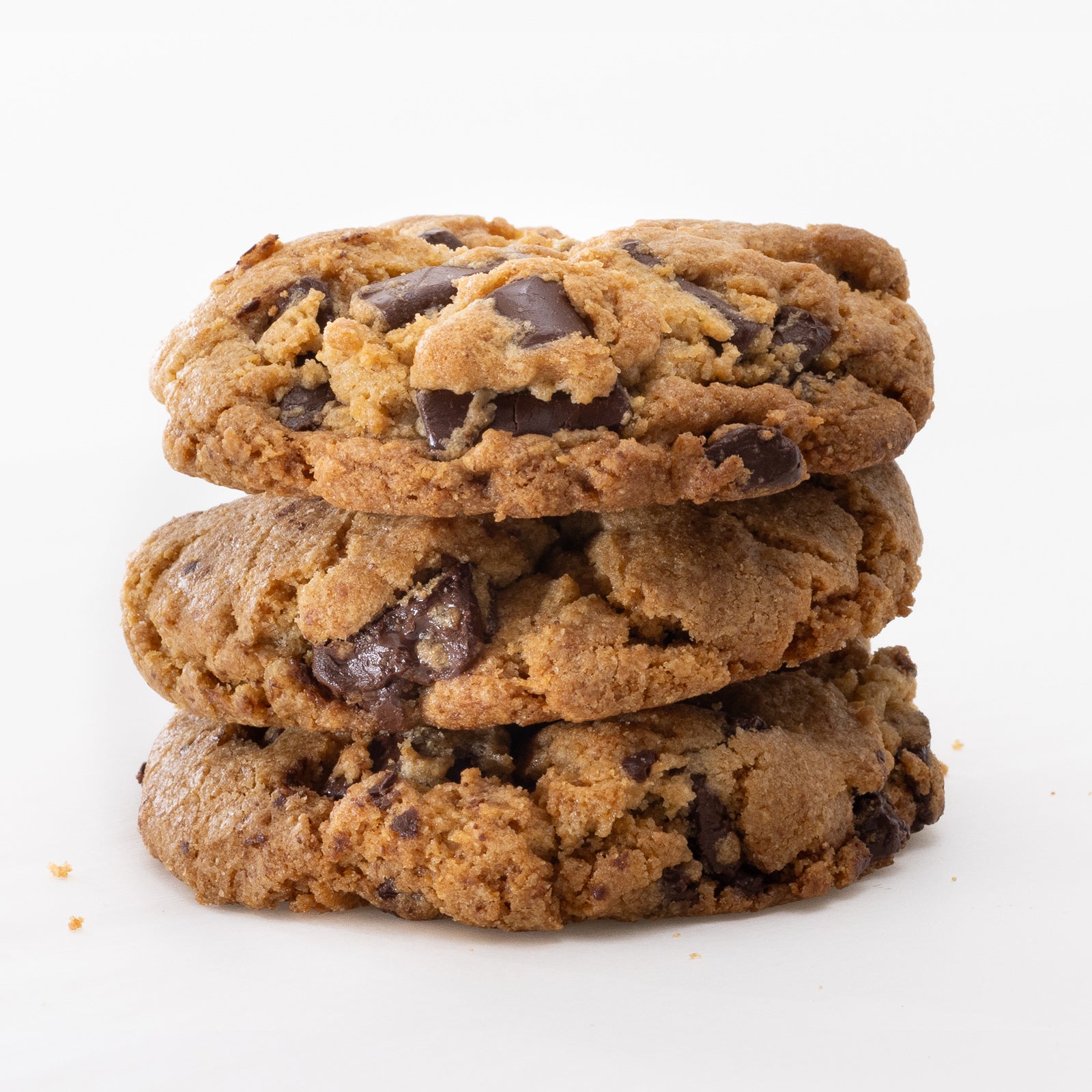 Stack of chocolate chip cookies on a white background