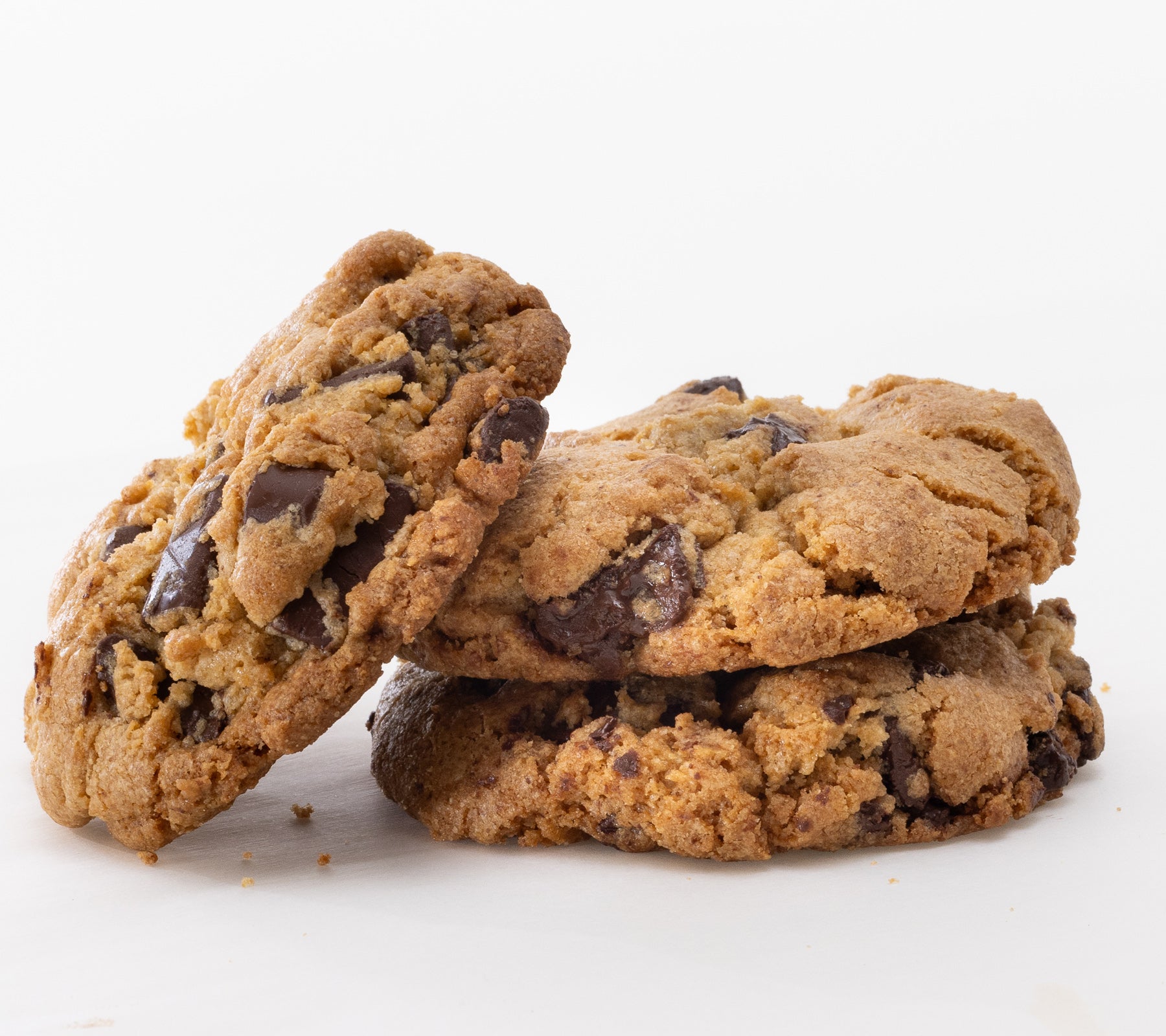 Stack of chocolate chip cookies on a white background