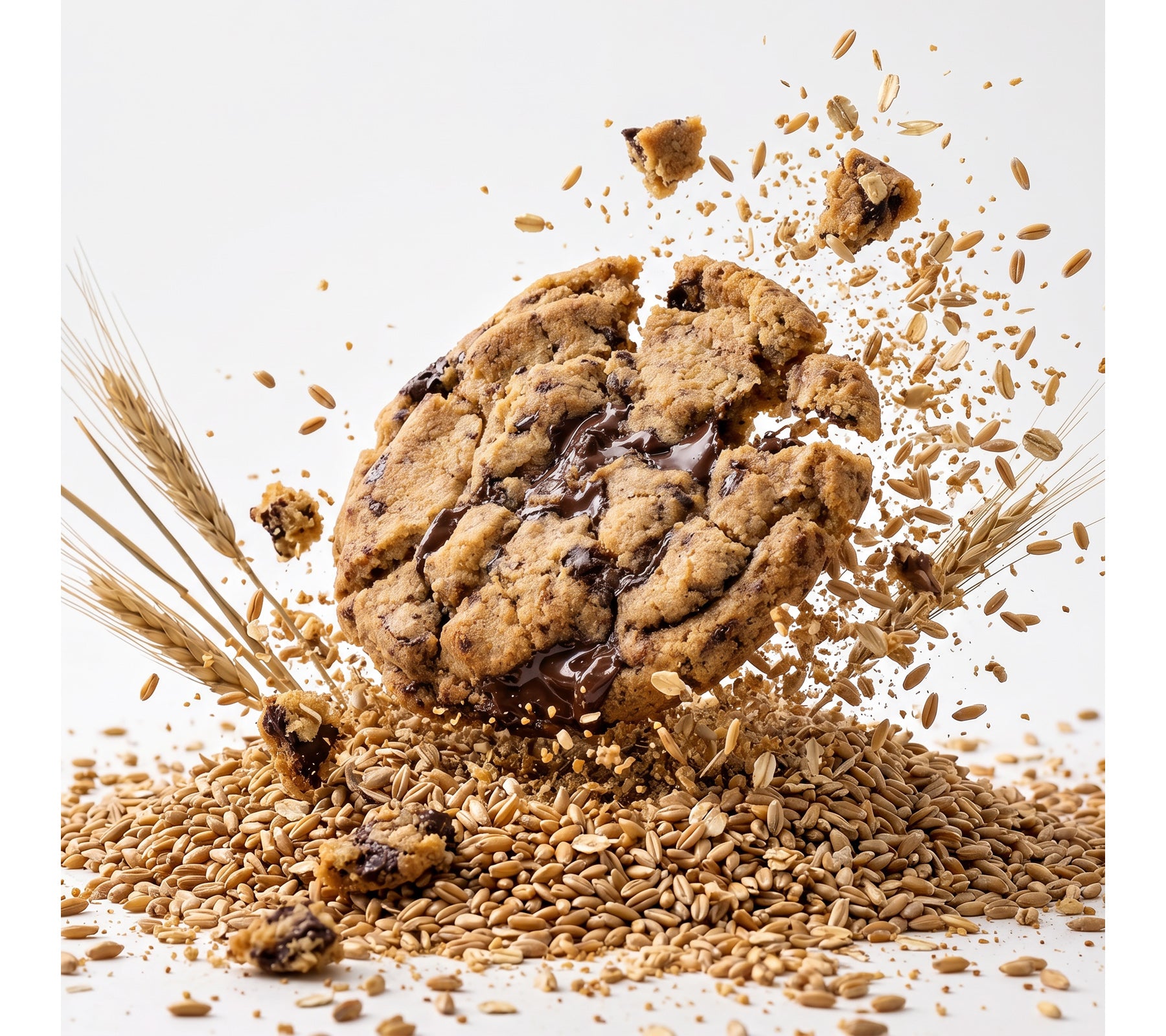 Chocolate chip cookie surrounded by wheat grains on a white background
