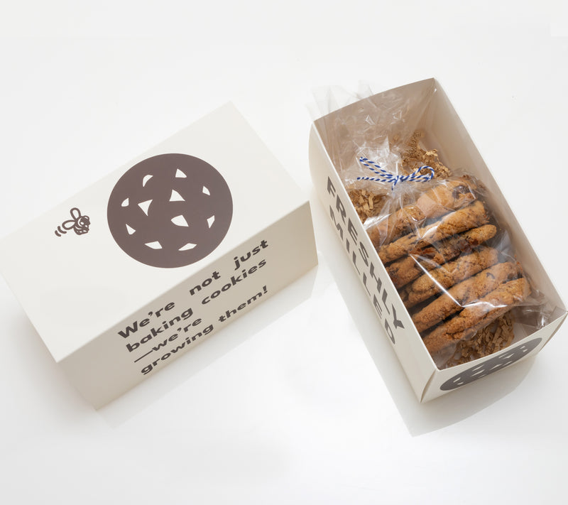 package of chocolate chip cookies in a gift box.