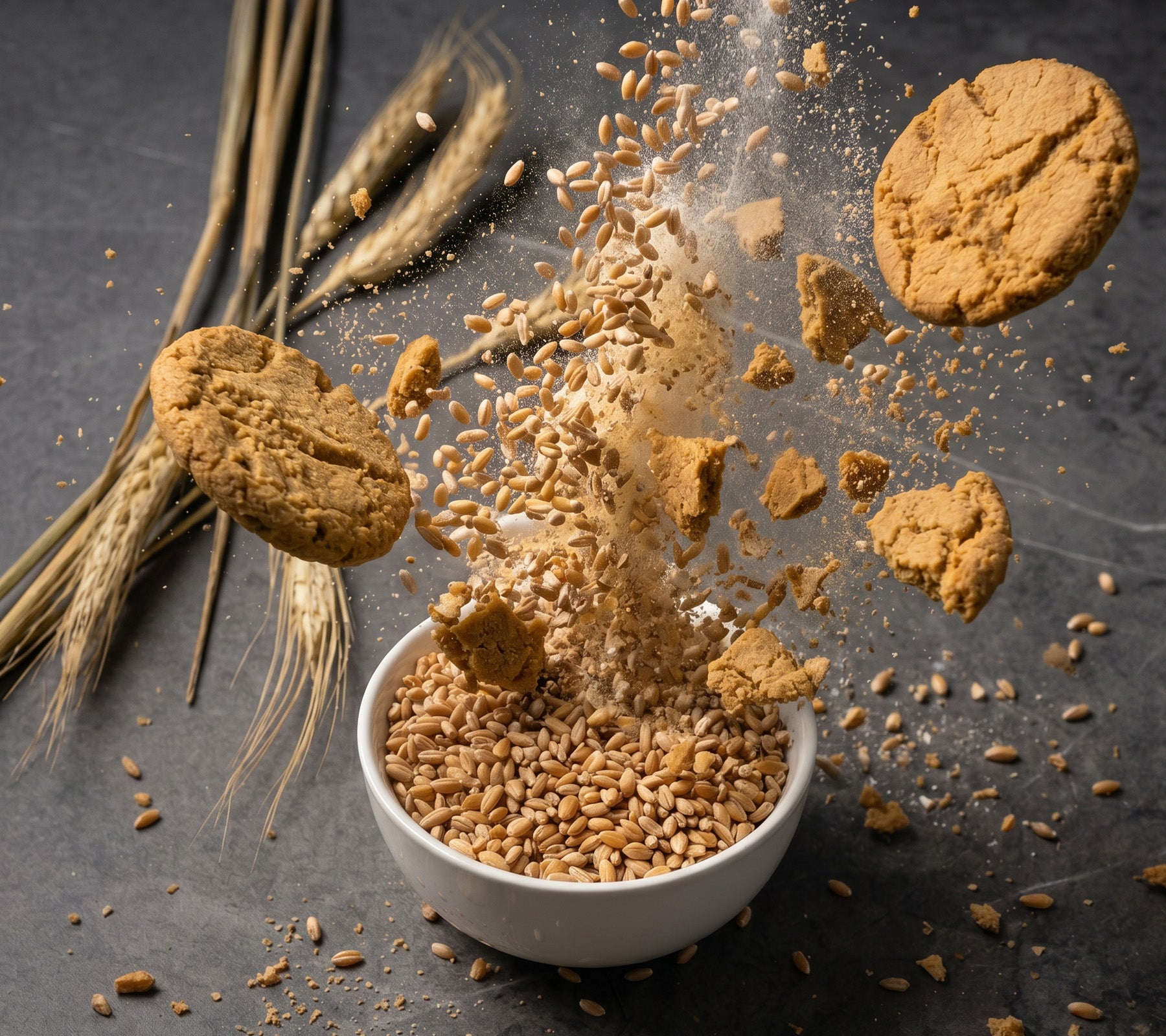 Bowl of einkorn grain exploding into cookies