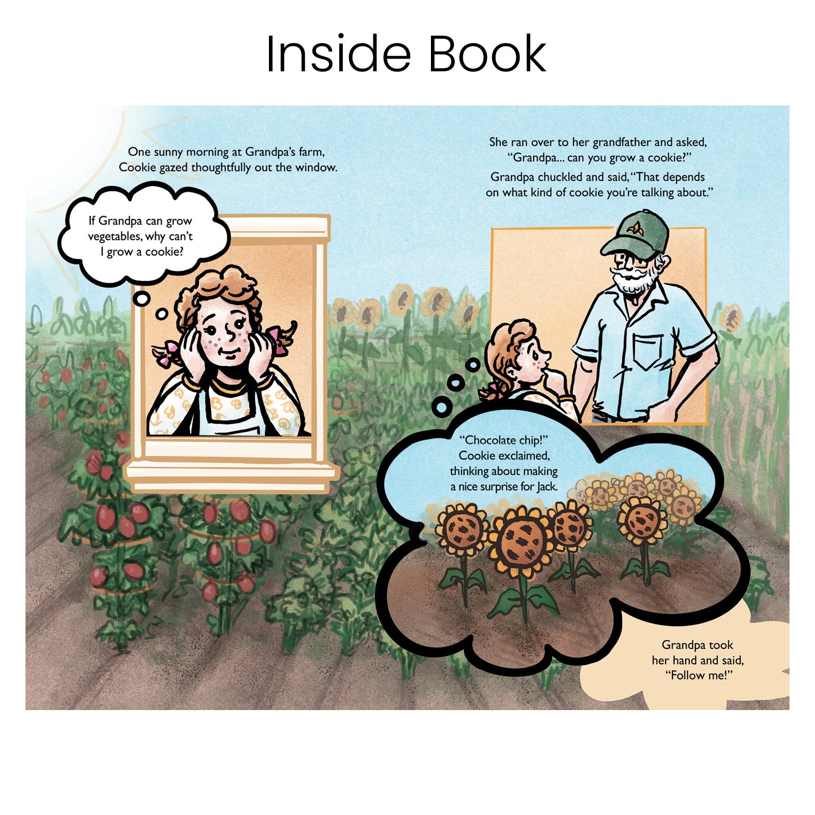 Inside the Grow A Cookie book showing a conversation between a child named cookie and her grandfather on a farm.